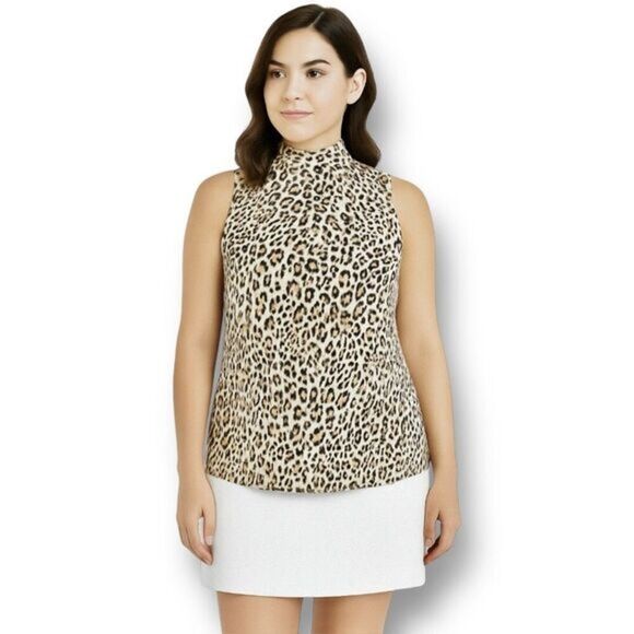 Chico’s 1 (M) Brown Tan Leopard Animal Print Sleeveless Mock Neck Top Resort NWT - Picture 1 of 7